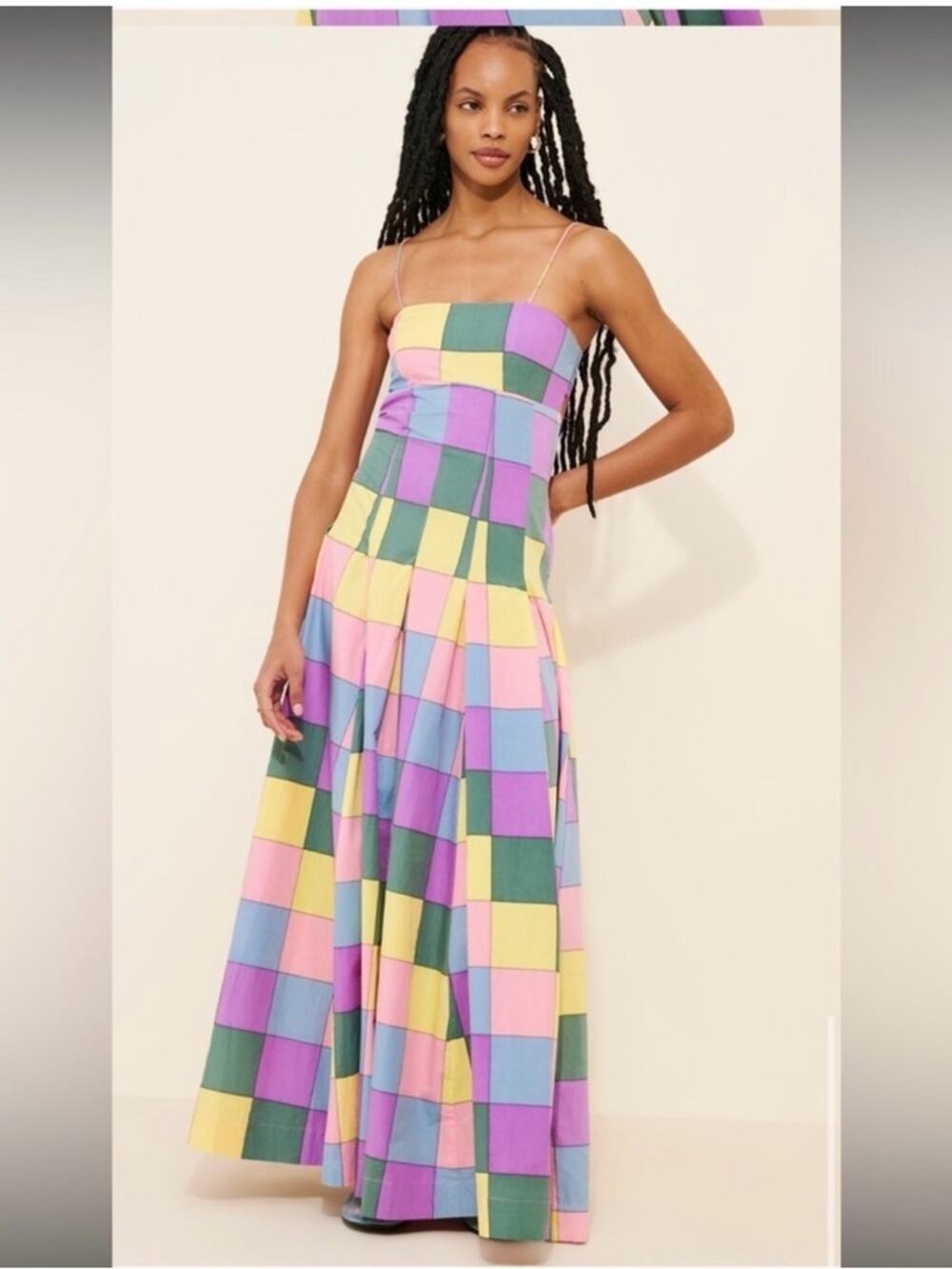 SWF checkered plaid multi-colored cutout back full skirt maxi dress sz XS